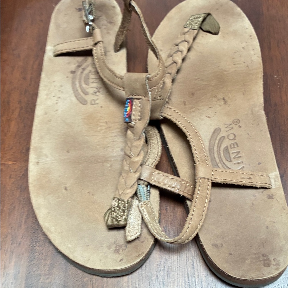 Rainbow Tan Braided Leather T-Strap Sandals with Subtle Metallic Accents